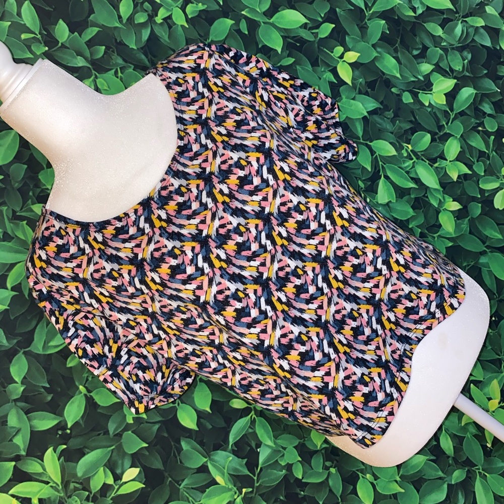 Material Girl Abstract Print Top with Sheer Polka Dot Cutout Back · Size M - Picture 3 of 5